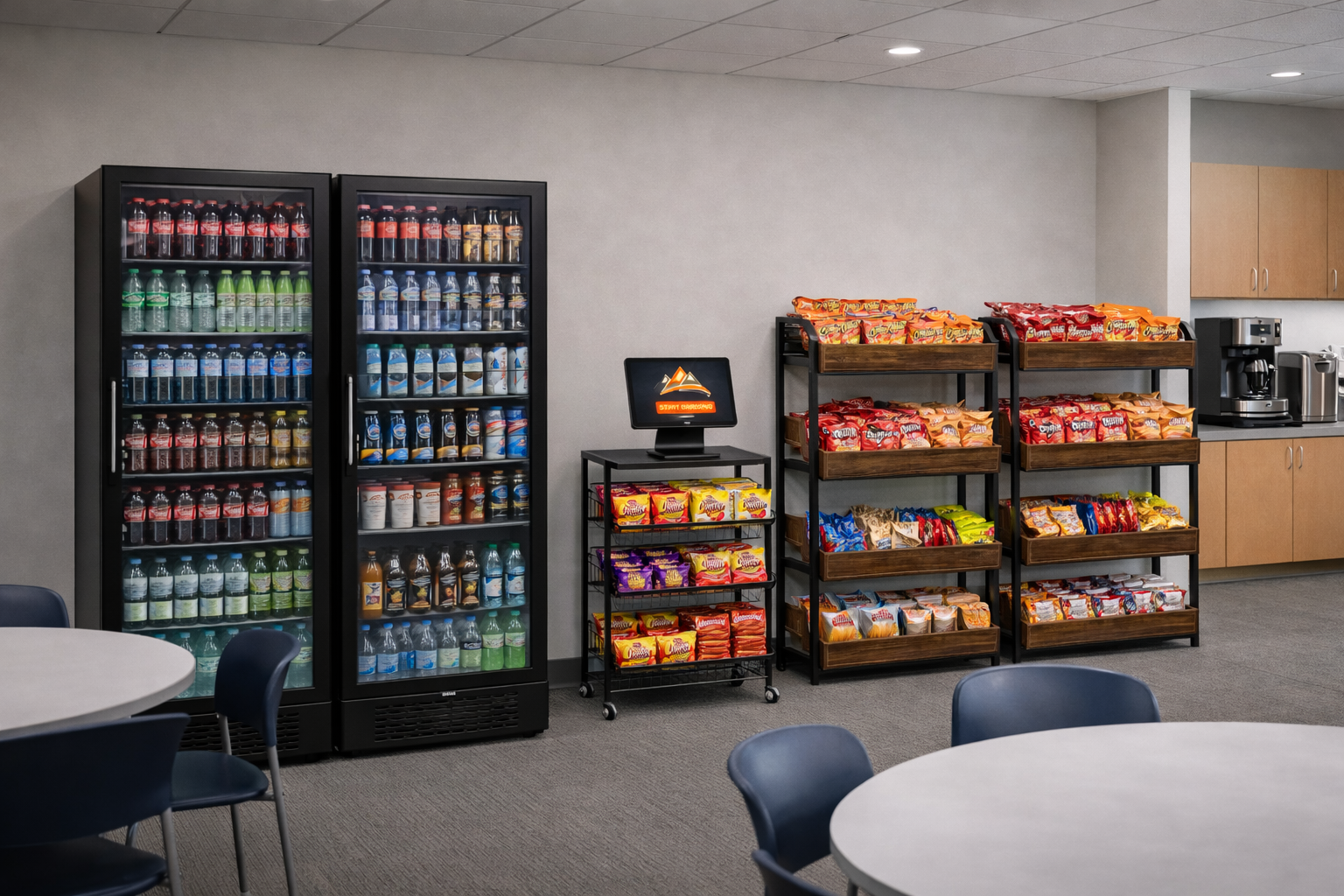Micro-market layout: coolers, self-checkout kiosk, and snack racks